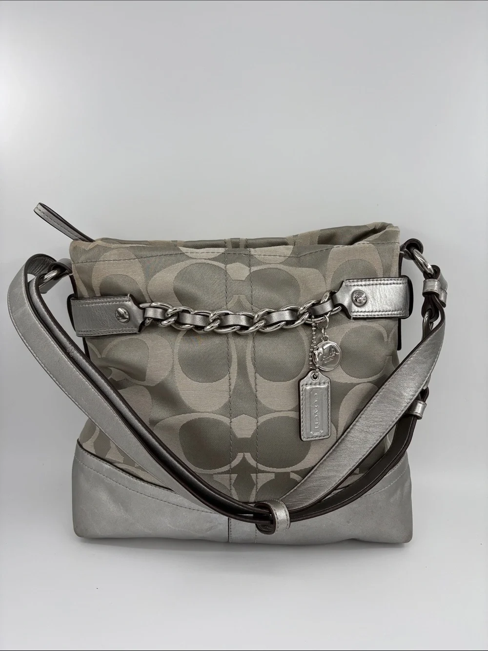 Coach Silver and Gray Signature Chain-Trim Shoulder Bag